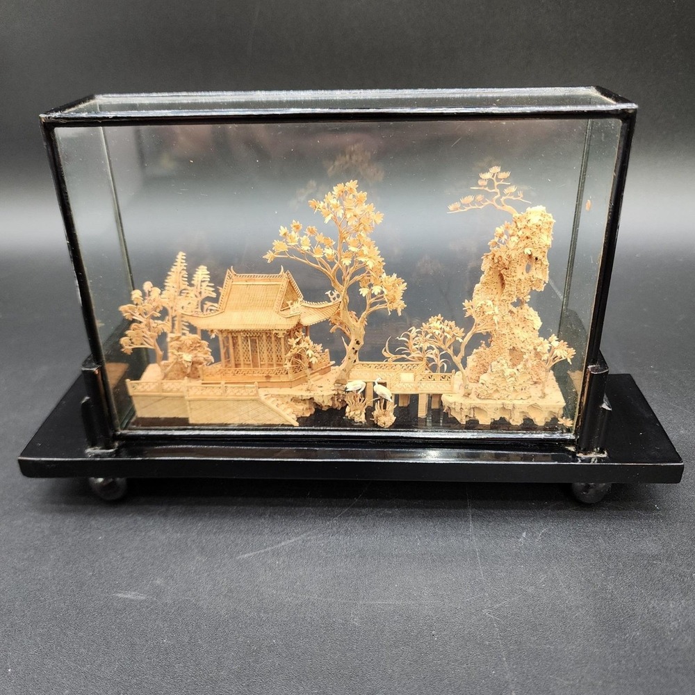 Vintage Hand-Carved Cork and Wood Diorama Chinese Pagoda Crane Glass Case Asian